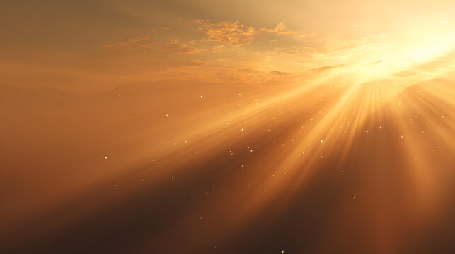 Golden sun rays piercing through dramatic clouds with glowing dust particles floating in bright warm sunlight casting shadows