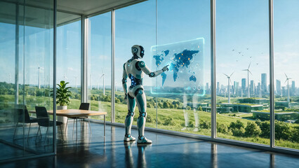 Fototapeta premium Futuristic humanoid robot interacting with holographic world map, sustainable green energy office with wind turbines, artificial intelligence concept