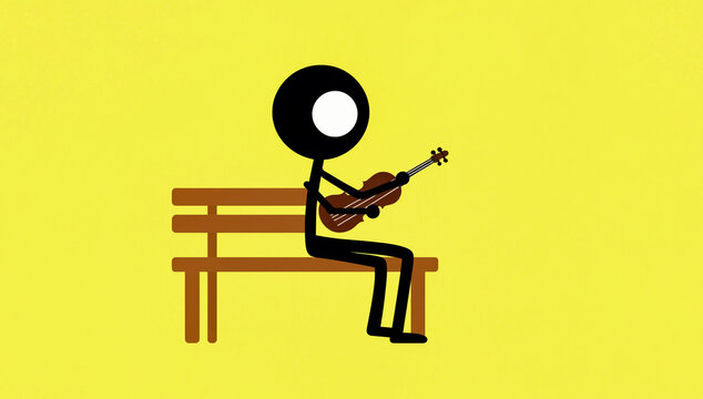 Stick figure sitting on a park bench while playing a small guitar.