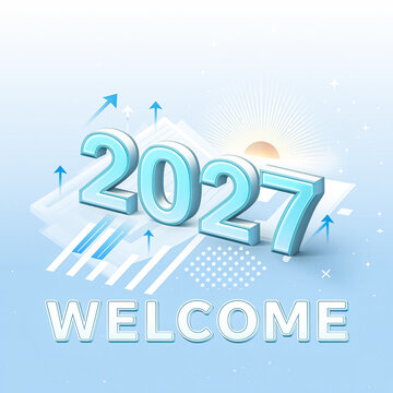 Welcome 2027 business growth concept, 3D blue numbers with rising financial arrows, corporate success and future planning background