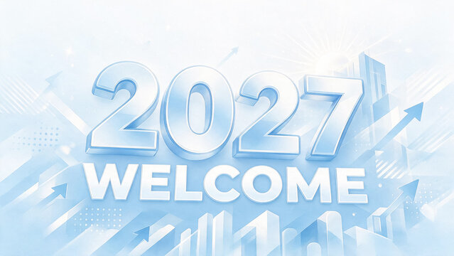 Welcome 2027 New Year business background, 3D glass numbers on corporate blue abstract city skyline, financial growth arrows and success concept