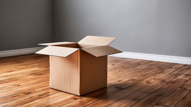 An empty cardboard box sits in the center of an unfurnished room with hardwood floors. This represents themes of moving house, relocation, or new beginnings.