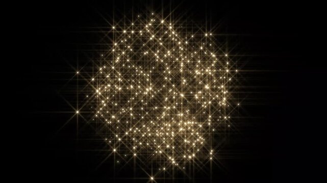 Sparkling stars forming a glowing sphere on magical glittering light flares and beautiful bright particle overlay, fairy sparkle burst, 2D flat sparkle effect overlay on black screen background.4k