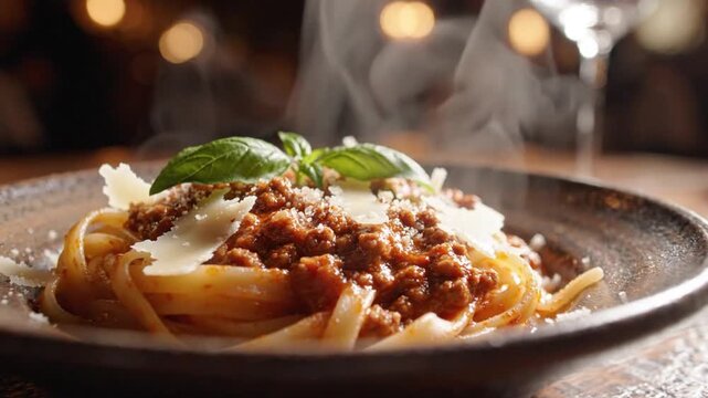 Steaming Hot Italian Pasta Bolognese with Meat Sauce Parmesan Cheese and Fresh Basil Garnish