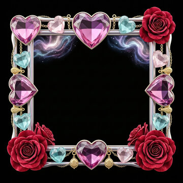 Ornate heart gemstone frame with red roses, luxury jewelry border with pink and teal crystals, romantic floral photo frame on black background