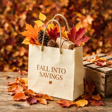 Fall into Savings autumn shopping bag, seasonal retail discount promotion with maple leaves and pinecones, rustic harvest sale marketing concept