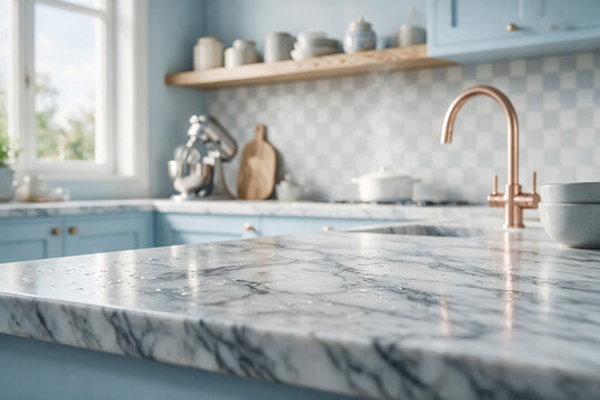 Modern marble kitchen countertop with copper faucet, elegant white marble surface in bright blue kitchen, luxury home interior design background