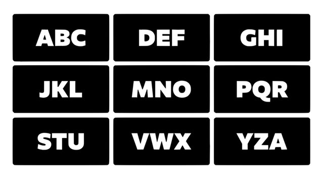 Grid of Nine Square Icons with Random Three-Letter Abbreviations on Black Background Featuring Squares, Letters, Design