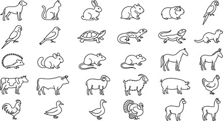 Pet and Farm Animal Line Icon Set with Dog Cat Rabbit Hamster Parrot Turtle Horse Cow Sheep Pig and Chicken © MdMustak
