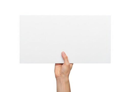 Hand holding a blank white sign against white background