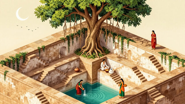 Ancient Indian stepwell with banyan tree, traditional stone architecture with water reservoir, isometric illustration of historical heritage site