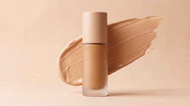 Minimalist liquid foundation bottle with makeup swatch