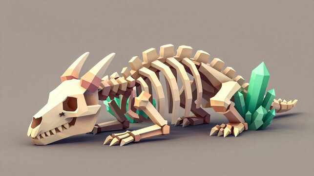 Low poly dragon skeleton with glowing green crystals, stylized fantasy creature fossil, 3D geometric monster bones for gaming and concept art