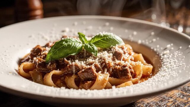 Gourmet Italian Tagliatelle Pasta with Rich Beef Ragu Sauce, Fresh Basil and Parmesan Cheese Topping