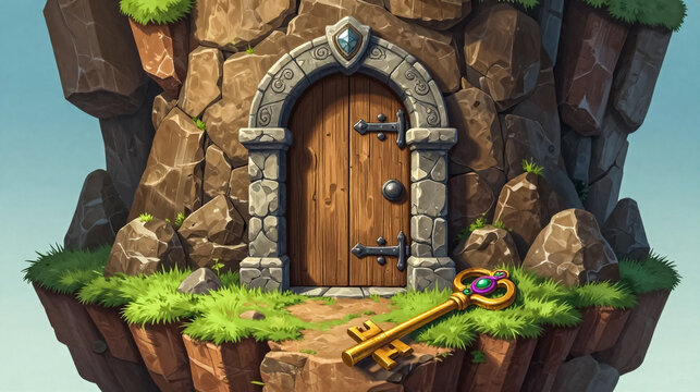 Fantasy stone tower door on floating island, magical golden key on grass, medieval dungeon entrance in fairytale landscape