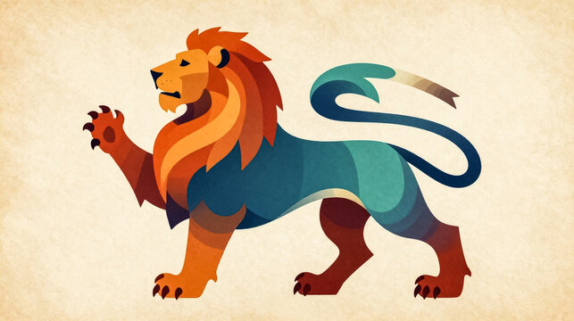 Stylized lion illustration with geometric shapes, modern heraldic lion mascot on parchment background, colorful wild cat graphic for branding