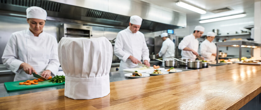 Professional chefs working in commercial kitchen, diverse culinary team preparing food in restaurant, white chef hat on wooden counter