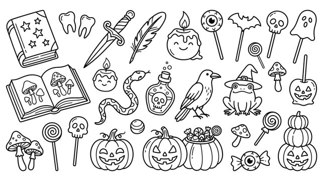 Halloween line art set with magical items spooky symbols and traditional holiday elements.