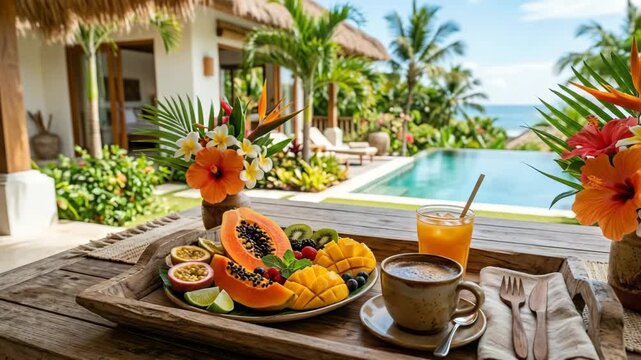 Tropical breakfast spread by the pool with vibrant fruits and flowers