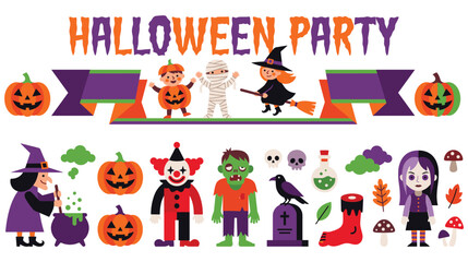 Fototapeta premium Halloween party invitation banner with cute kids in costumes and spooky celebration elements.
