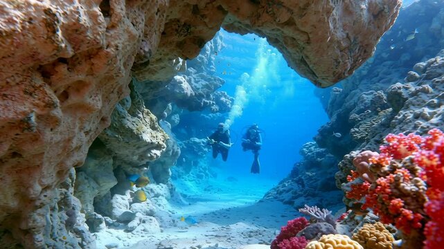 Scuba divers explore vibrant coral reef caves in crystal clear blue ocean waters