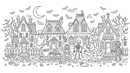 Naklejka premium Halloween town with spooky characters like skeleton and ghost, trick or treat.