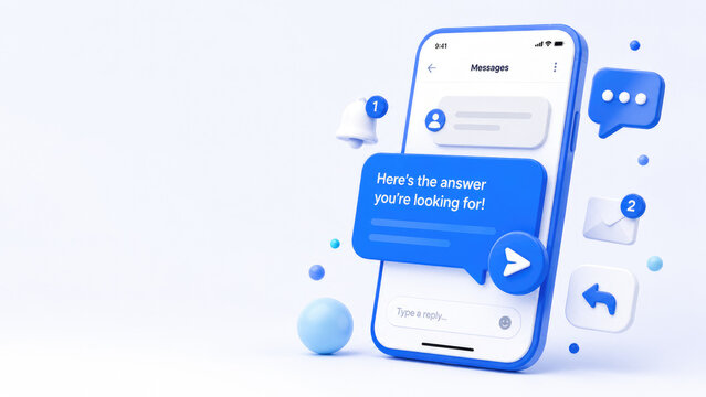 Modern 3D smartphone messaging UI with a blue chat bubble reading "Here's the answer you're looking for!", notification icons and floating elements on white background