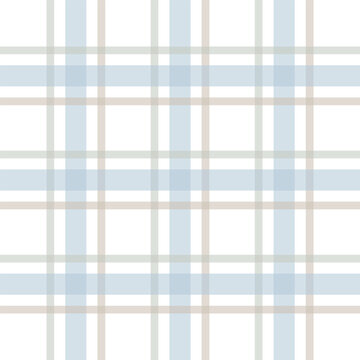 Elegant seamless plaid pattern featuring soft pastel blue, light green, and beige overlapping stripes on a white background, ideal for textiles, wrapping paper, and digital scrapbooking.