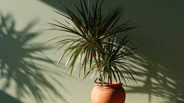 large dracaena houseplant in terracotta pot on sage green background