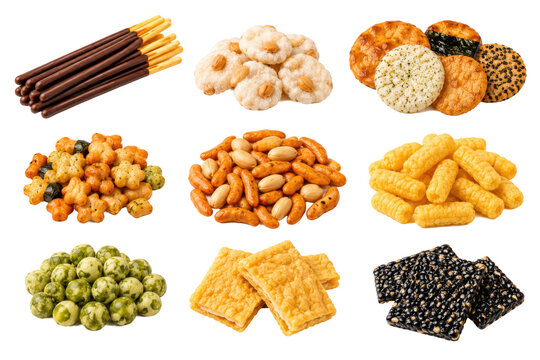 Japanese snack assortment featuring chocolate biscuit sticks rice crackers arare peanuts corn puffs wasabi peas and sesame crackers isolated on transparent background