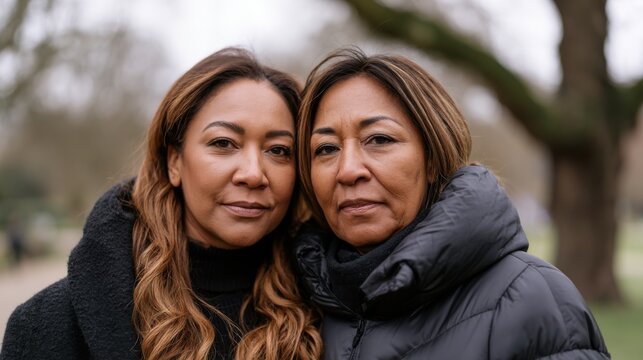 Two women with long hair wearing winter jackets stand closely together in a park, trees and a blurred background creating a serene outdoor setting