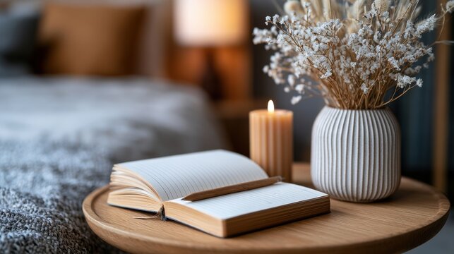 Open notebook with blank pages and a wooden pencil on a round table beside a lit candle and a vase of dried flowers in a cozy bedroom setting