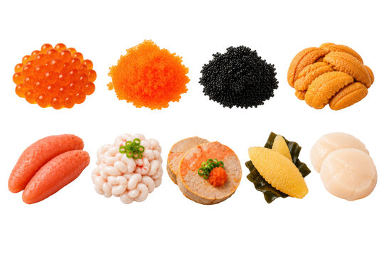 Japanese seafood delicacy collection featuring ikura tobiko uni tarako shirako ankimo kazunoko and scallops isolated on transparent background