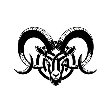 Set of stylized ram head illustrations for tattoo design and logos featuring goat skull vector elements and curved horns