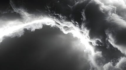 Fototapeta premium Dramatic black and white digital art featuring dense stormy clouds illuminated by intense glowing white light