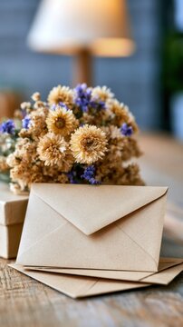 Brown envelopes stacked on a wooden table with dried flowers in a vase, soft lighting creating a warm atmosphere in a cozy indoor setting