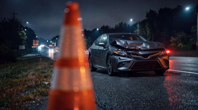Close-up view of a wrecked vehicle with severe front-end damage after a traffic collision. Powerful road safety awareness image highlighting crash prevention, reckless driving consequences, and vehicl