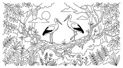 Two storks standing on tree branch in forest with clouds and sun, nature.