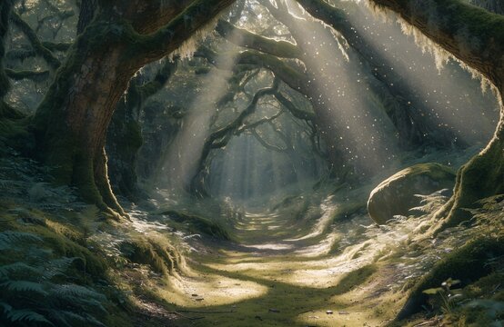 Mindfulness dense forest archway twisted trees moss path sunlight beams mist mystical woodland atmosphere symbolizing serenity balance harmony and contemplative awareness generated ai