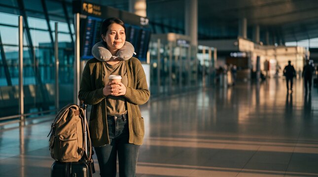Smiling woman with travel pillow and coffee waiting in a sunlit airport terminal
