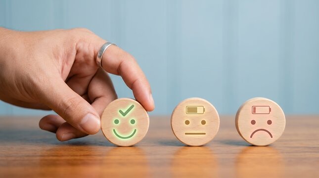 Customer satisfaction survey, hand selecting a happy face icon. Positive feedback and excellent service rating concept, wooden blocks representing emotional responses.