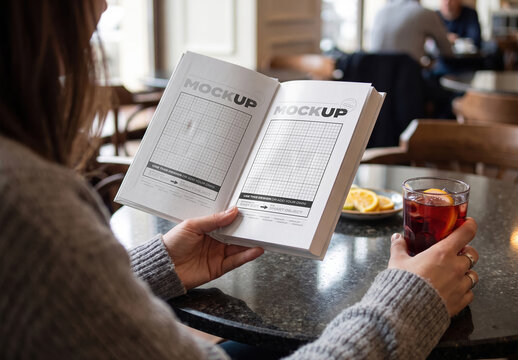 Girl Reading with Drink Book Content Mockup