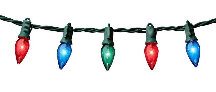 Colorful Christmas lights strand with red blue and green glowing bulbs isolated on transparent background