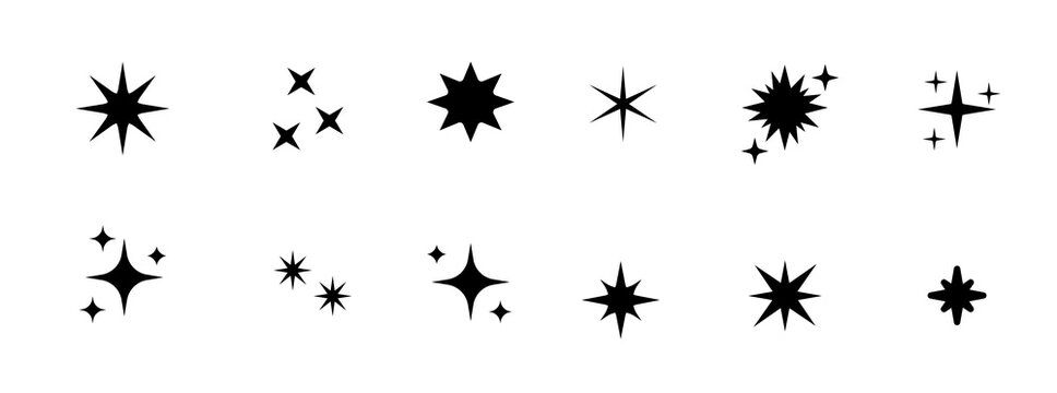 Set of original star sparkle shapes. Abstract shine effect vector sign. Retro futuristic bright vector icons collection. Glowing light effect, twinkle templates stars and bursts, shiny flash.