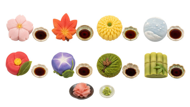 Seasonal Nerikiri Wagashi Assortment with Kuromitsu Syrup for Japanese Tea Ceremony Design
