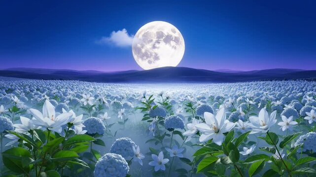 Full Moon Shining Over A Surreal Field Of Glowing White Flowers Under A Deep Blue Night Sky