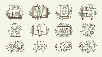 Collection of charming line art illustrations depicting books, library elements, and decorative natural motifs.