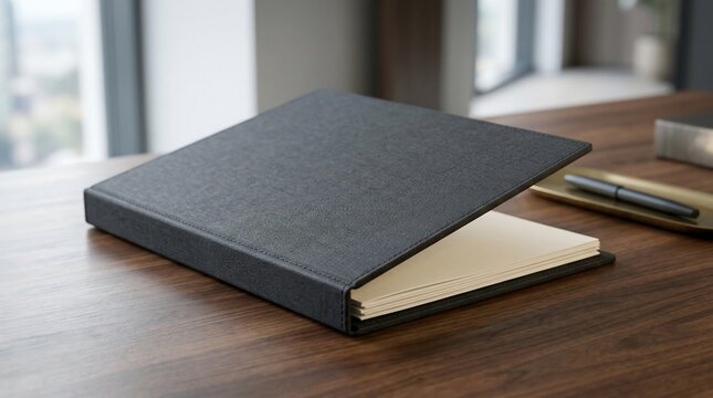 Black textured hardcover notebook open on wooden desk with pen