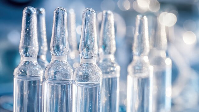 Close-up of clear glass medical ampoules filled with liquid, clinical sterile pharmaceutical vials