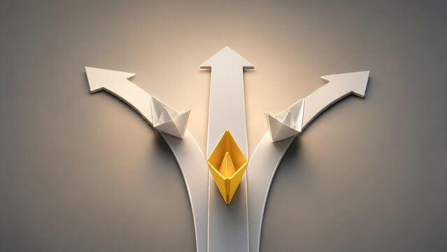 Business strategy decision making concept showing yellow paper boat leading straight forward while white boats diverge